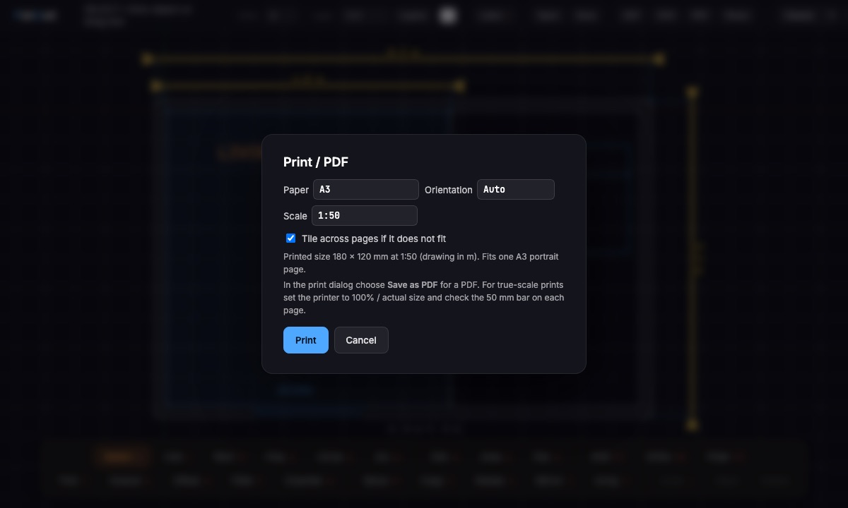 FlatCad's print dialog set to A3 at 1:50, reporting a printed size of 180 by 120 millimetres on one page